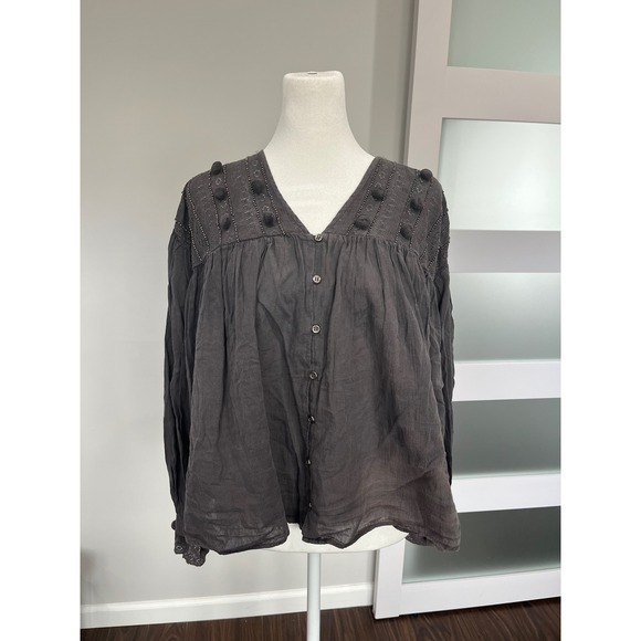 Zara Tops - ZARA TRF Collection Gray‎ Long Sleeve Boho Pom Pom Beaded Button Up Blouse Top